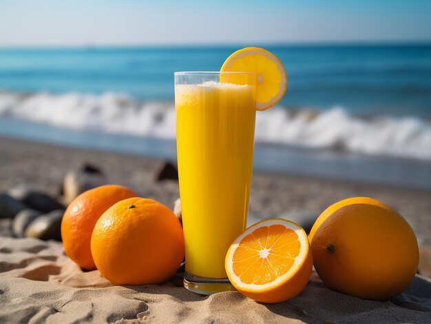 Beach relaxation with a side of orange juice AI Generation