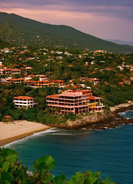 a beach resort with a beach and a beach and a beach house