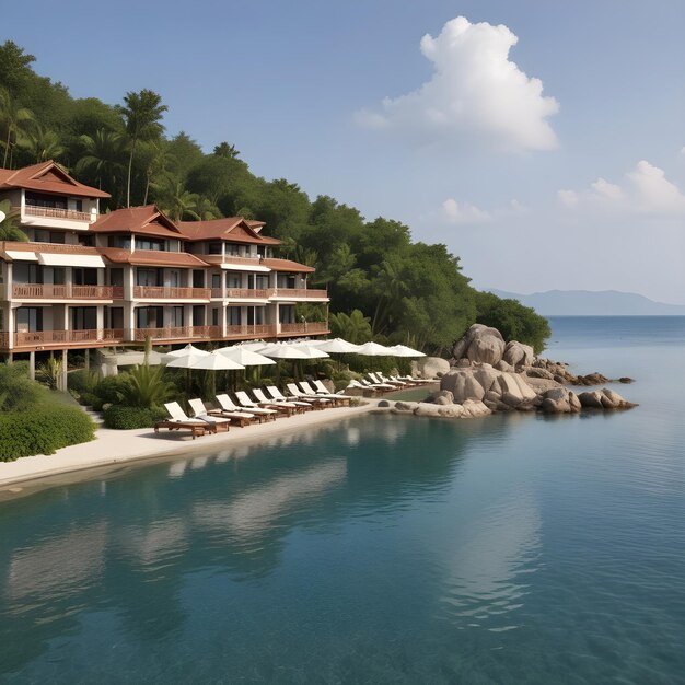 Photo a beach resort with a beach and lounge chairs on the shore