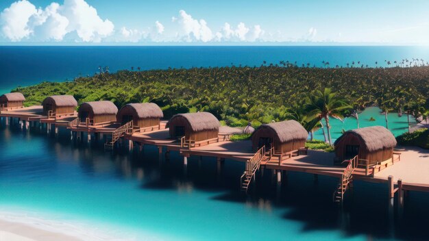 A beach resort with a palm tree on the horizon