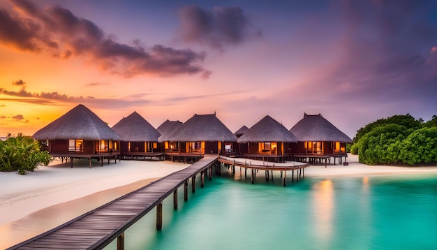 a beach resort with palm trees and a sunset in the background