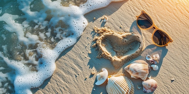 모래 에 심장 과 조개 를 넣은 로맨스적 인 해변 장면