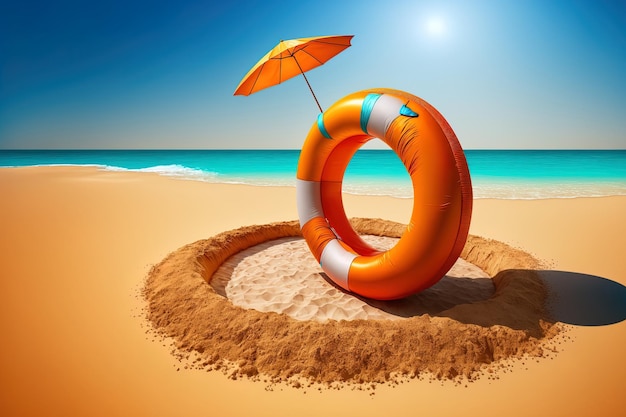 Beach sand has an inflatable ring and umbrella concept of a summer vacation