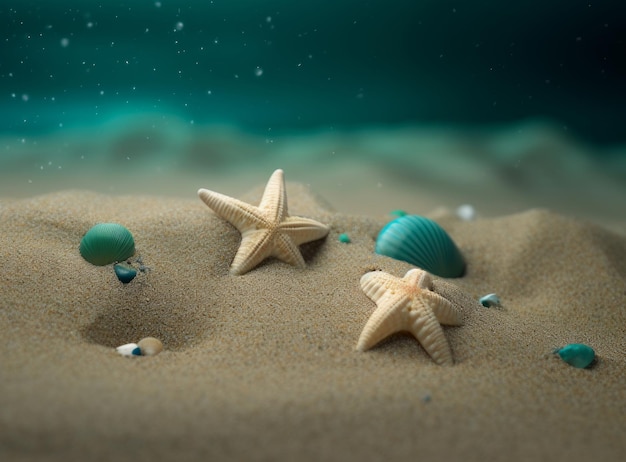 Beach sand with stars and shells Illustration AI Generative