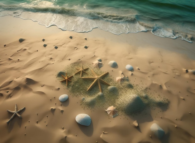 Beach sand with stars and shells Illustration AI Generative