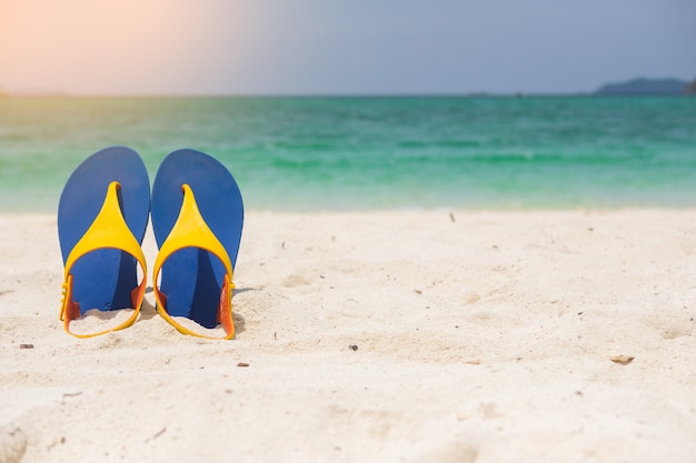 Beach sandals on the sandy sea coast