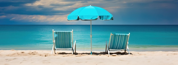 Beach scene of chairs under an umbrella in the sand