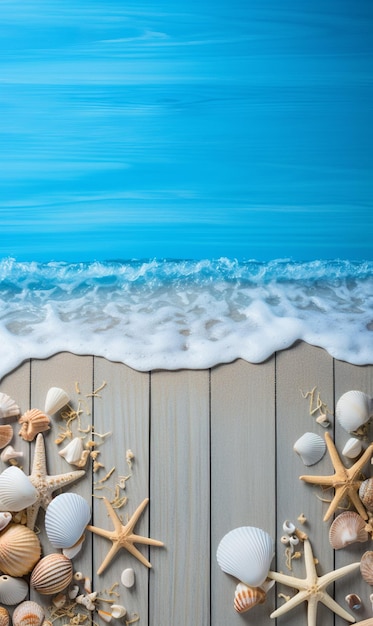 Фото Концепция пляжной сцены с морскими ракушками и морскими звездами на светло-голубом деревянном фоне свободное текстовое пространство