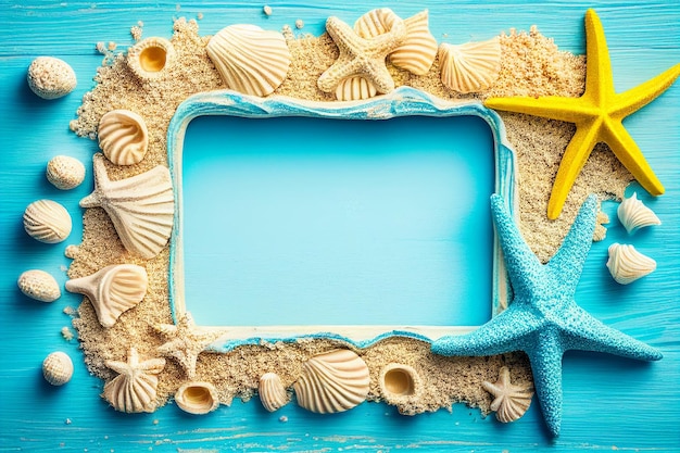 Beach scene concept with sea shells and starfish on a blue wooden board background top view Generative AI