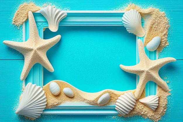 Beach scene concept with sea shells and starfish on a blue wooden board background top view Generative AI