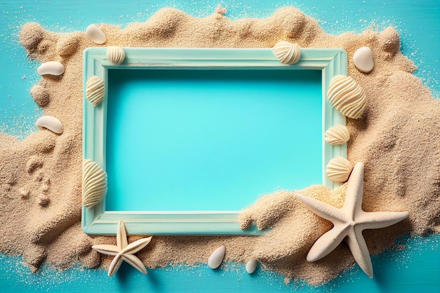 Beach scene concept with sea shells and starfish on a blue wooden board background top view Generative AI