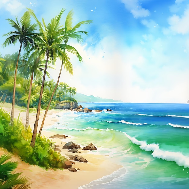 beach scene palm trees boat soft young splashing deep scenery used bright paradise offshore winds