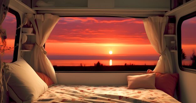 Beach scene seen by camper inside the camper van at sunset AI generated