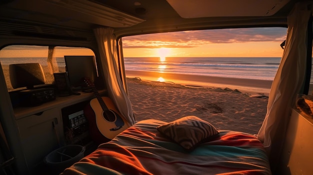 Beach scene seen by camper inside the camper van at sunset AI generated
