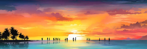 a beach scene in the style of bold chromaticity exotic spectacular backdrops colorful arrangemen
