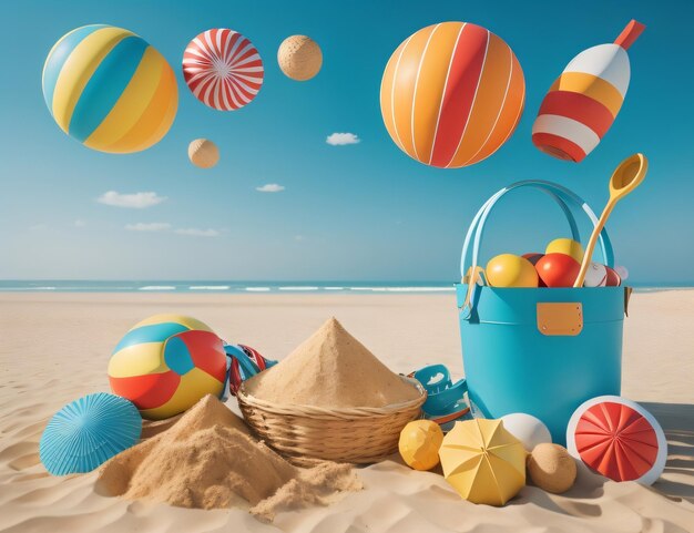 A beach scene with beach balls and a blue bag with the word beach on it.