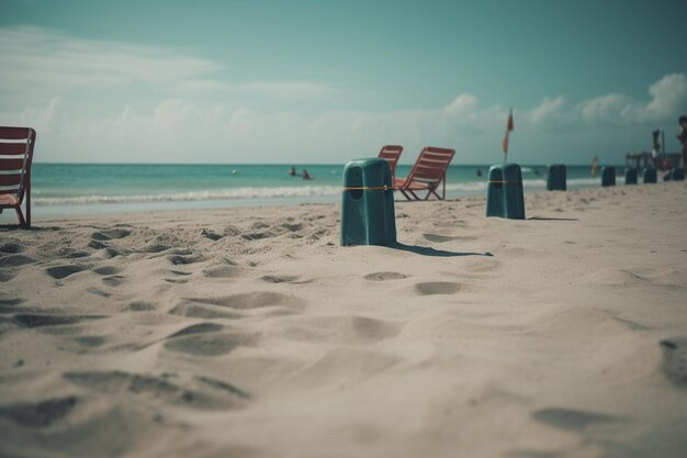 A beach scene with a beach chair and a blue sky in the background.