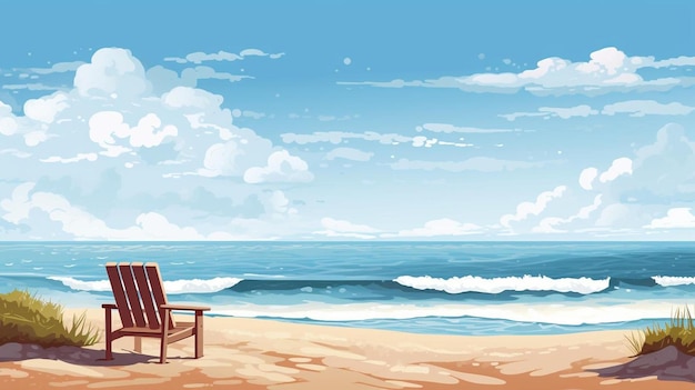 a beach scene with a beach chair and ocean in the background.