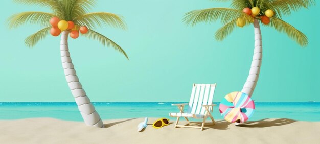 A beach scene with a beach chair and a palm tree.