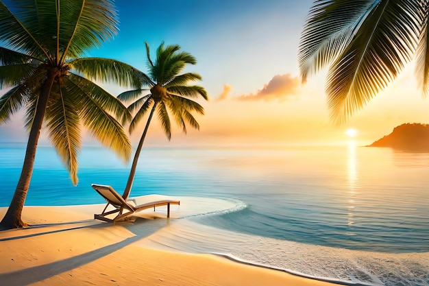 A beach scene with a beach chair and palm trees.