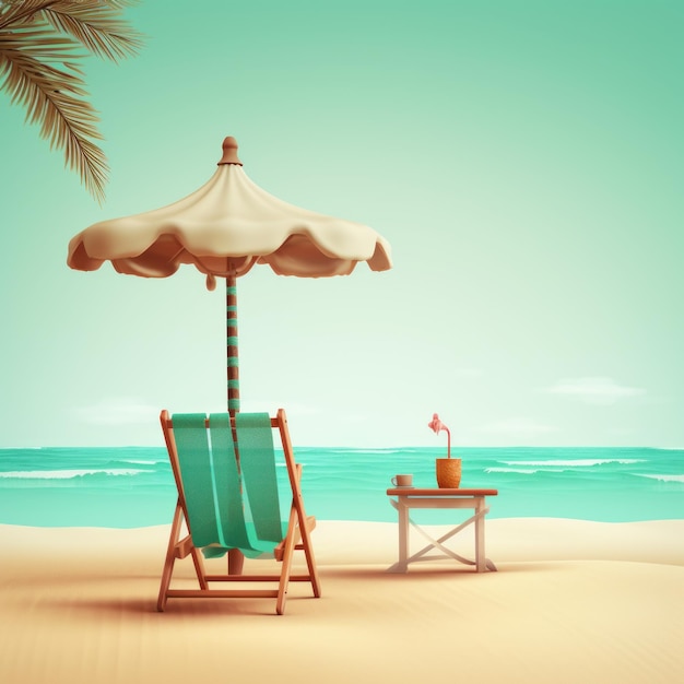 A beach scene with a beach chair and an umbrella.