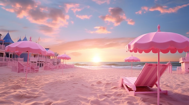 a beach scene with a beach hut and umbrellas.