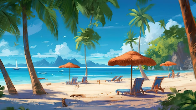 A beach scene with a beach and a mountain in the background.