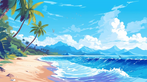 A beach scene with a beach and mountains in the background.