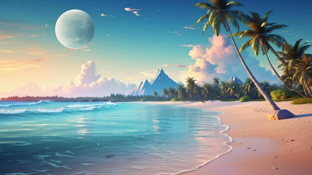 A beach scene with a beach and palm trees and a beach with a full moon in the background.