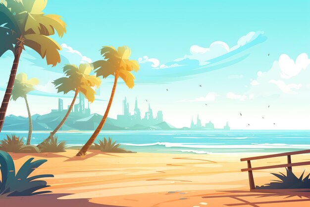 A beach scene with a beach and palm trees.