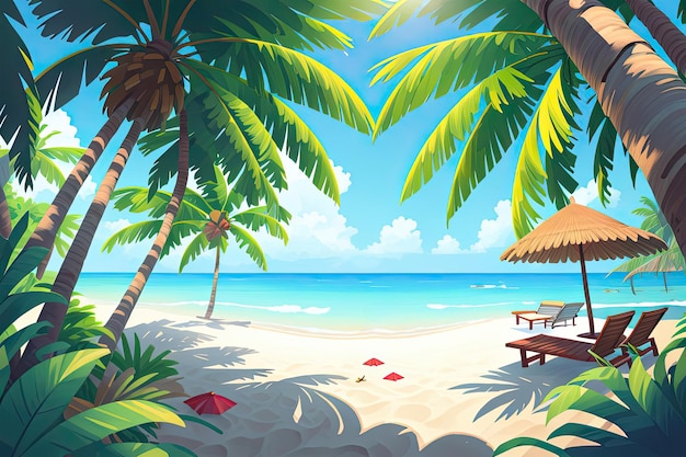 Beach scene with a beach and palm trees