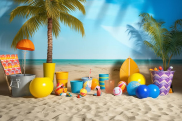 A beach scene with a beach scene and a palm tree.