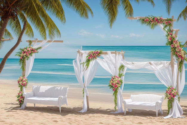 A beach scene with a beach scene and a wedding arch with a white canopy and pink flowers.