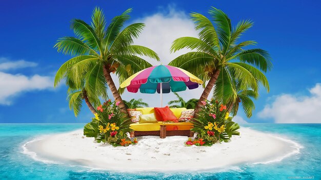 Photo a beach scene with a beach scene with palm trees and a beach umbrella