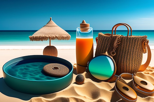 A beach scene with a beach umbrella and a basket with a straw hat on it.