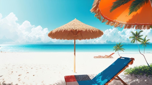 A beach scene with a beach umbrella and a blue umbrella.