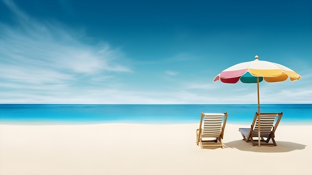 A beach scene with a beach umbrella and a chair on the sand.