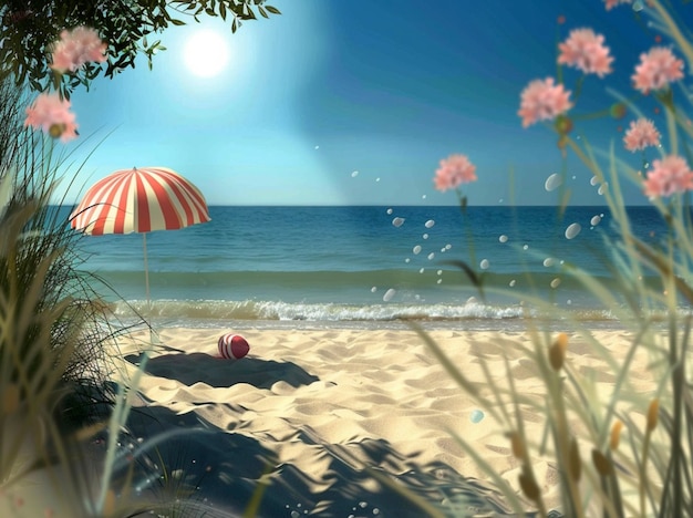 a beach scene with a beach umbrella and flowers in the foreground