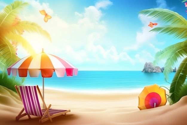 Beach scene with a beach umbrella and a sun umbrella