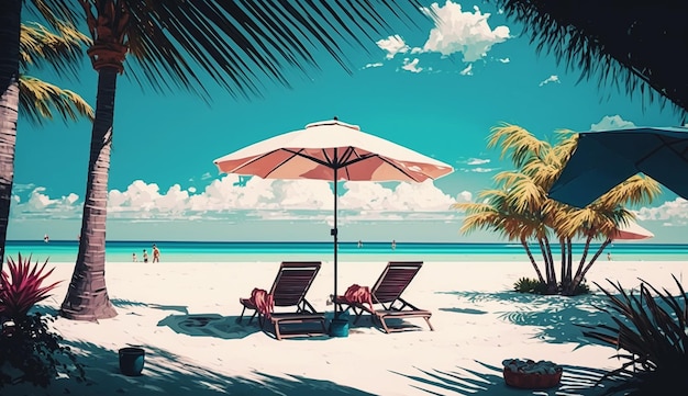 Beach scene with a beach umbrella and two chairs on a tropical beach.