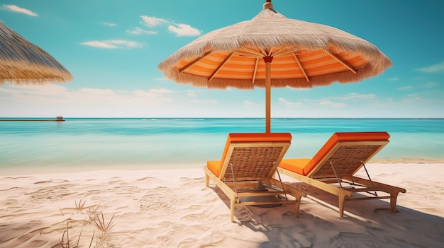 A beach scene with a beach umbrella and two lounge chairs on a beach.