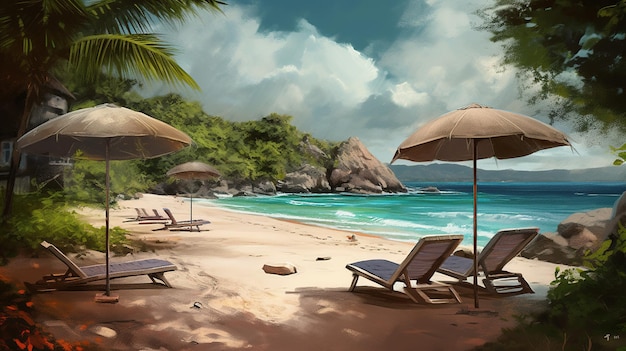 A beach scene with a beach and umbrellas and the word paradise on it.