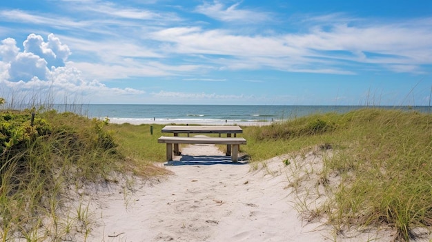 Photo a beach scene with a bench on the sand dunes