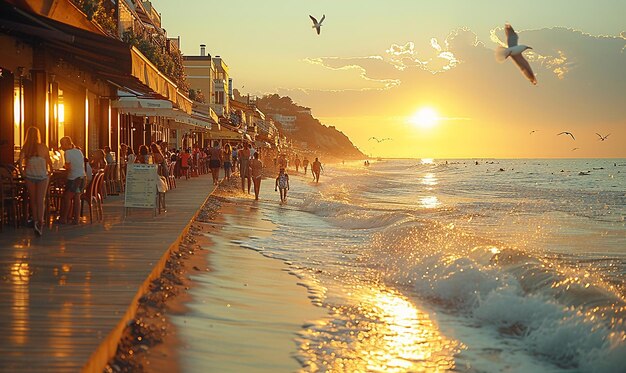 a beach scene with a bird flying above the water