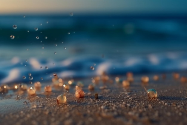 파란색 배경과 모래에 작은 거품이 있는 해변 장면.