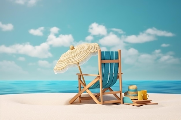 A beach scene with a blue chair and a beach umbrella.