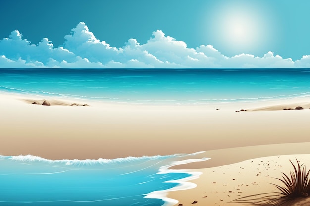 A beach scene with a blue ocean and a beach scene.