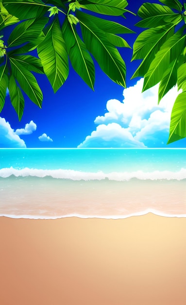 A beach scene with a blue sky and a beach scene.