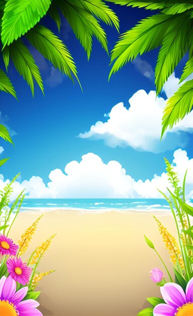 A beach scene with a blue sky and a beach scene.