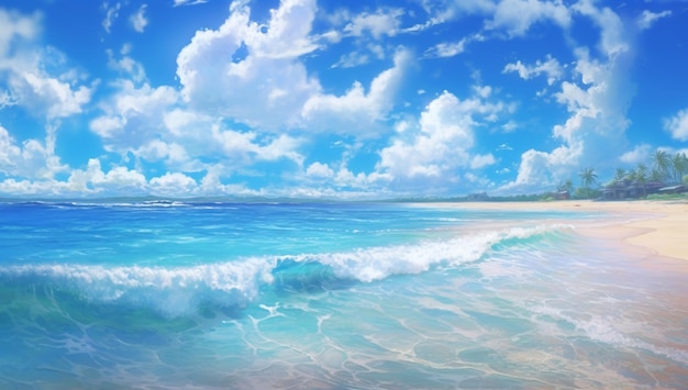 A beach scene with a blue sky and clouds